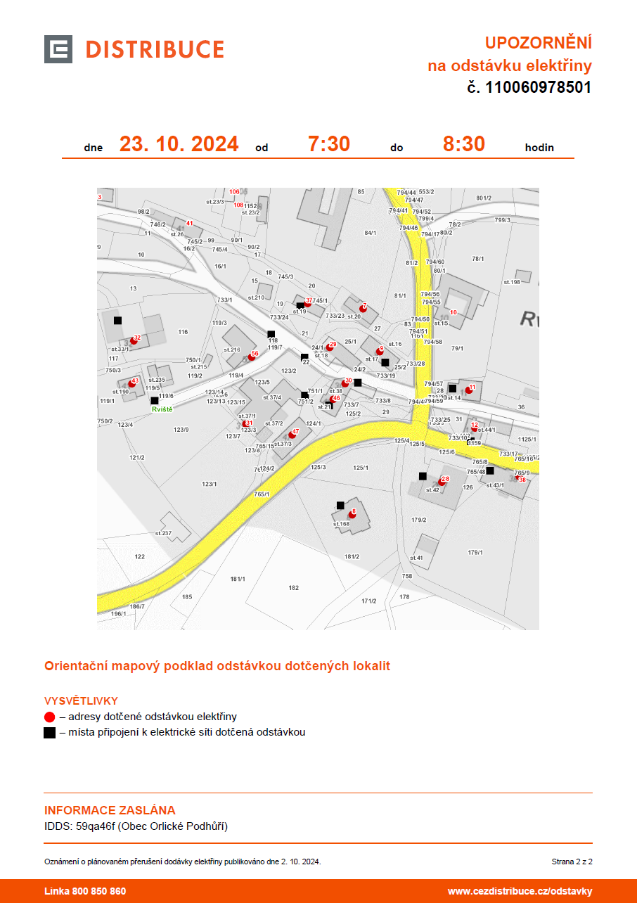 ČEZ odstávka 23.10.2024 Rviště 2