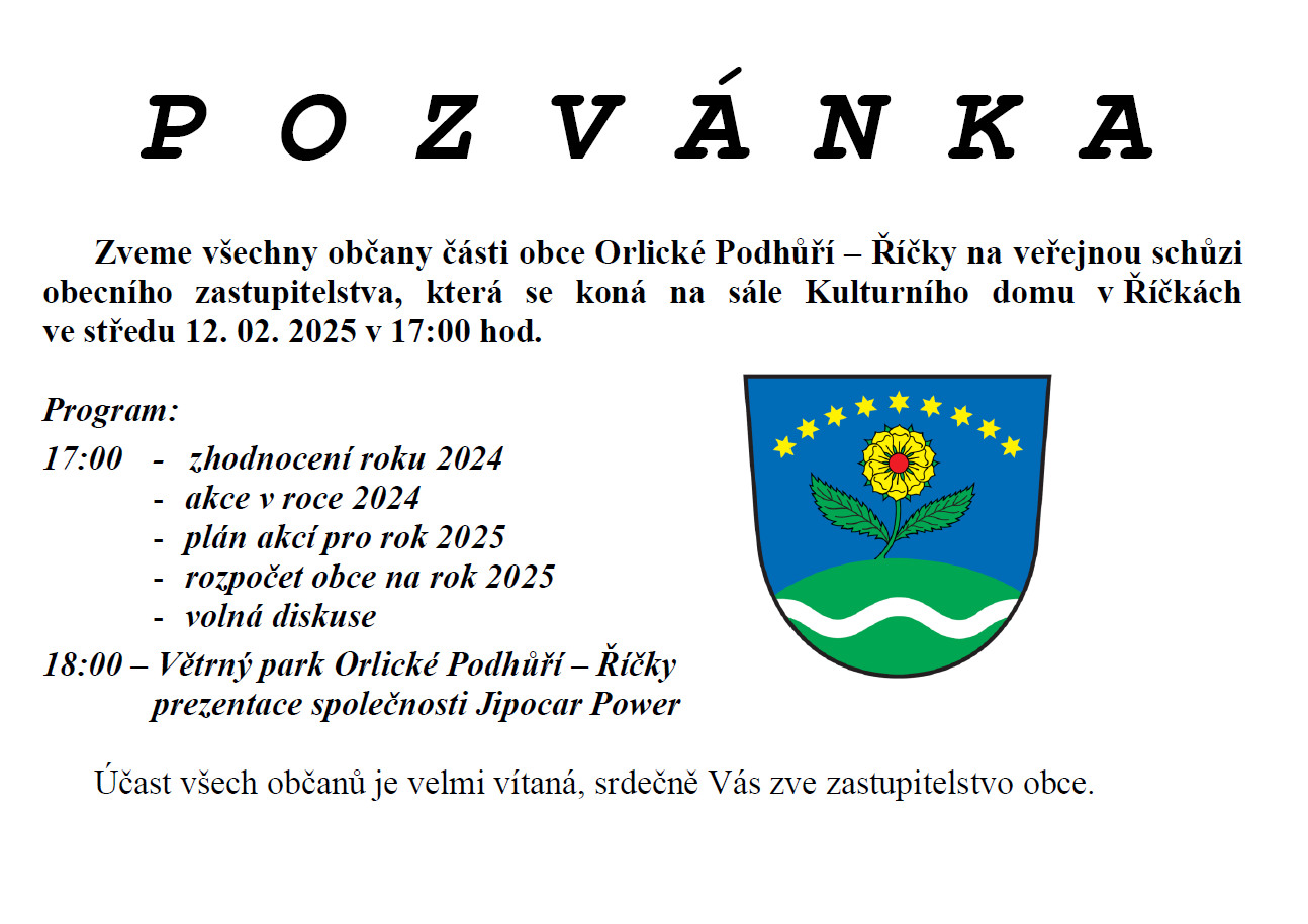 Pozvánka na veřejnou schůzi ŘÍČKY 12.2.2025