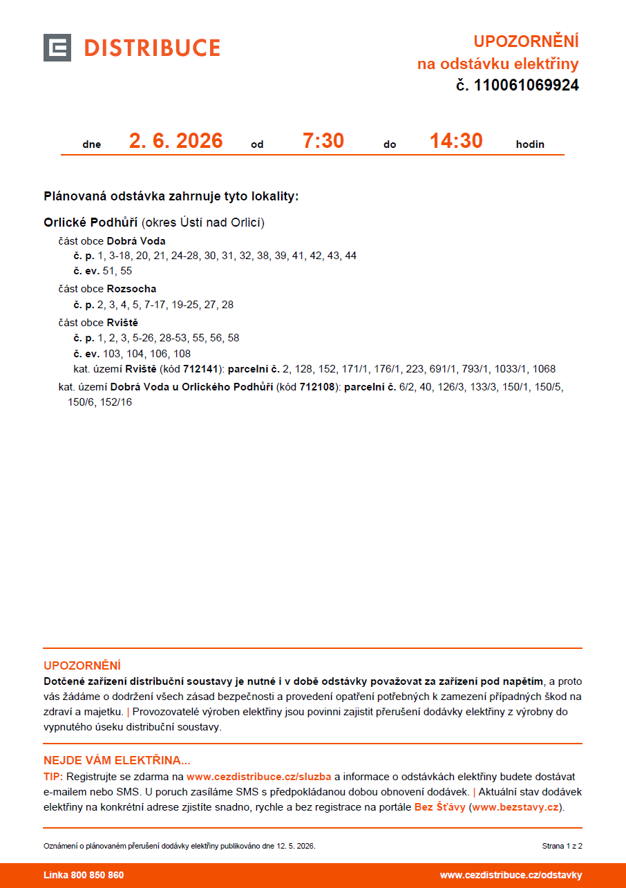 ČEZ oznameni odstávka 2.6.2026 DV ROZ RV 1